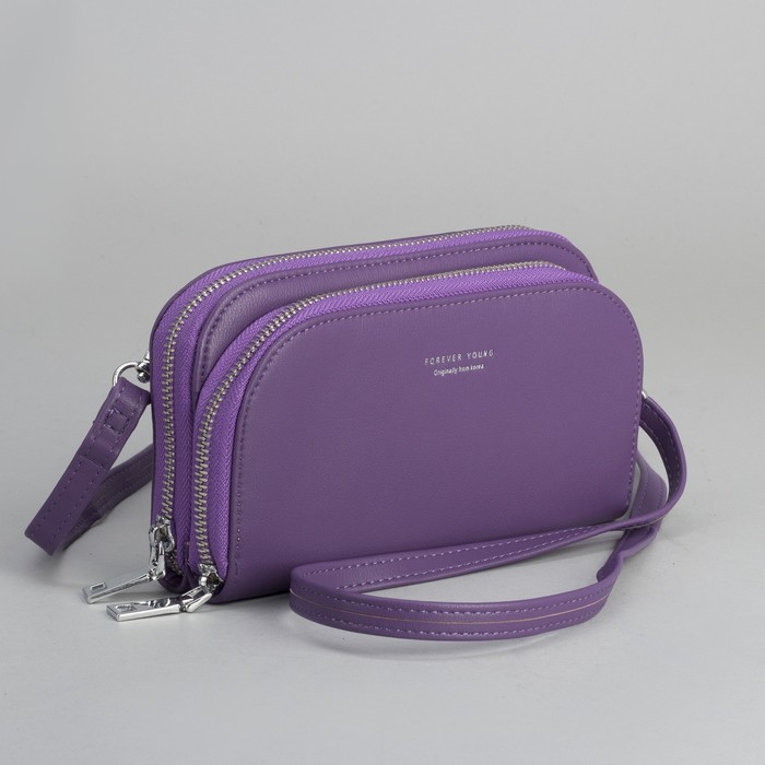 Клатч-кошелёк, 2 отдела, для карт, на молнии, длинный ремень, цвет фиолетовый