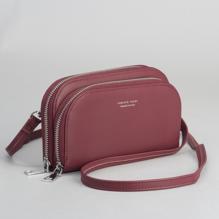 Клатч-кошелёк, 2 отдела, для карт, на молнии, длинный ремень, цвет бордовый