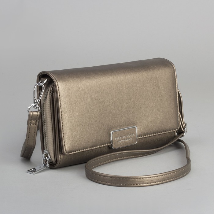 Клатч-кошелёк, 3 отдела, для карт, на клапане, длинный ремень, цвет бронзовый