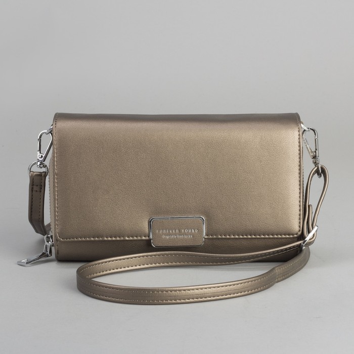 Клатч-кошелёк, 3 отдела, для карт, на клапане, длинный ремень, цвет бронзовый