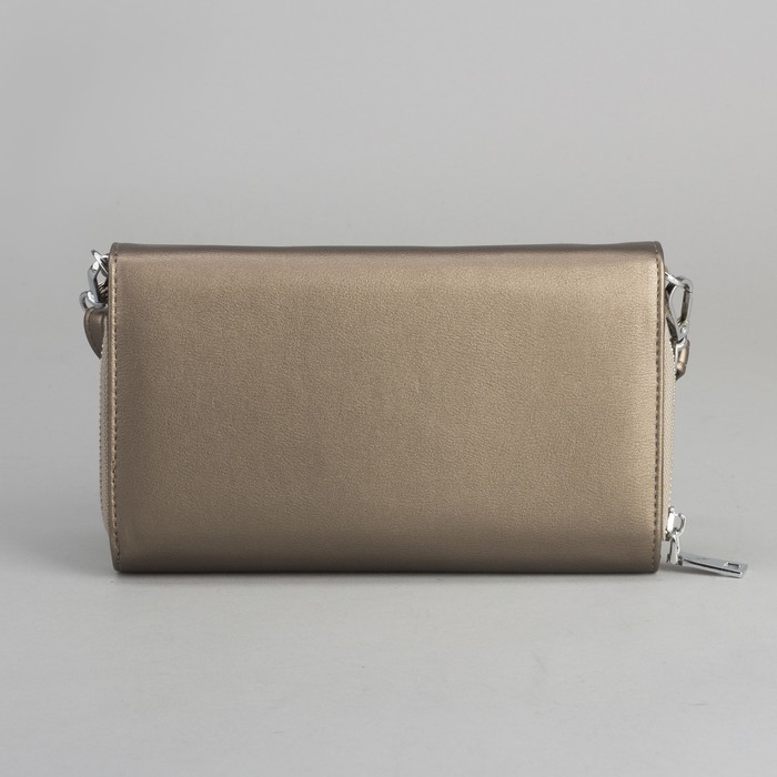 Клатч-кошелёк, 3 отдела, для карт, на клапане, длинный ремень, цвет бронзовый