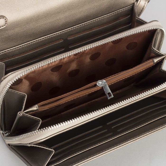 Клатч-кошелёк, 3 отдела, для карт, на клапане, длинный ремень, цвет бронзовый