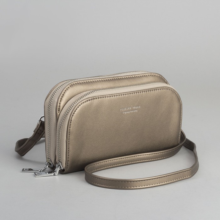 Клатч-кошелёк, 2 отдела, для карт, на молнии, длинный ремень, цвет бронзовый