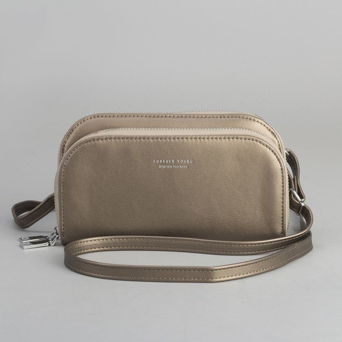 Клатч-кошелёк, 2 отдела, для карт, на молнии, длинный ремень, цвет бронзовый