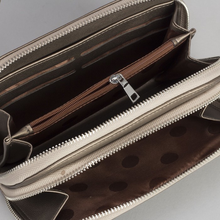 Клатч-кошелёк, 2 отдела, для карт, на молнии, длинный ремень, цвет бронзовый