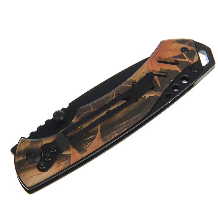 Нож складной неавтоматический в чехле с фиксатором, лезвие черное, рукоять хаки песочная