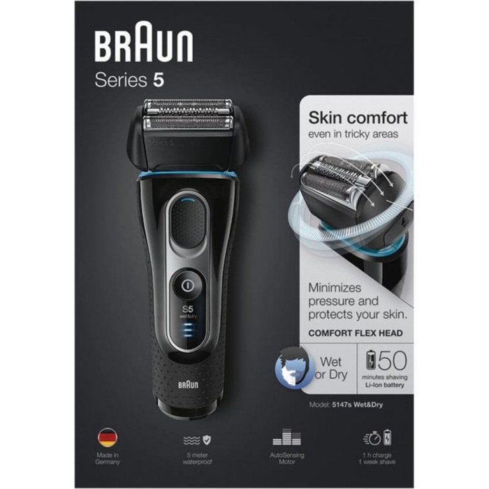 Электробритва Braun 5147s Wet&Dry, сухое/влажное бритьё, масло, щёточка, чёрная