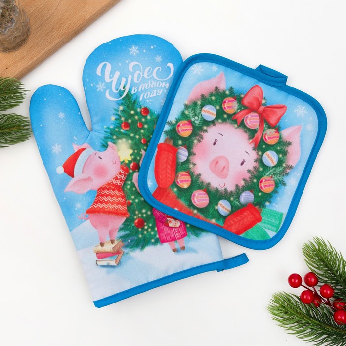 Кух.набор "Чудес в Нов.Году"варежка 20х27см,прих.17х17см,35% х/л,65% п/э,ватин 250г/м2