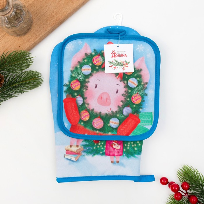 Кух.набор "Чудес в Нов.Году"варежка 20х27см,прих.17х17см,35% х/л,65% п/э,ватин 250г/м2