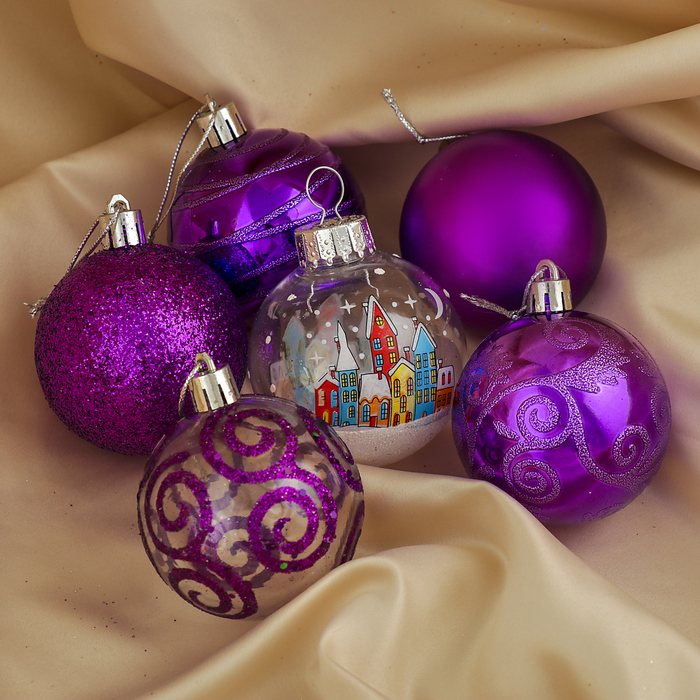 Набор шаров пластик 24 шт d-6 см "Зимний домик" фиолетовый