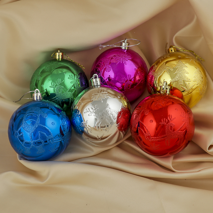 Набор шаров пластик 6 шт d-8 см "Морозная зима" елочка со снежинкой, микс