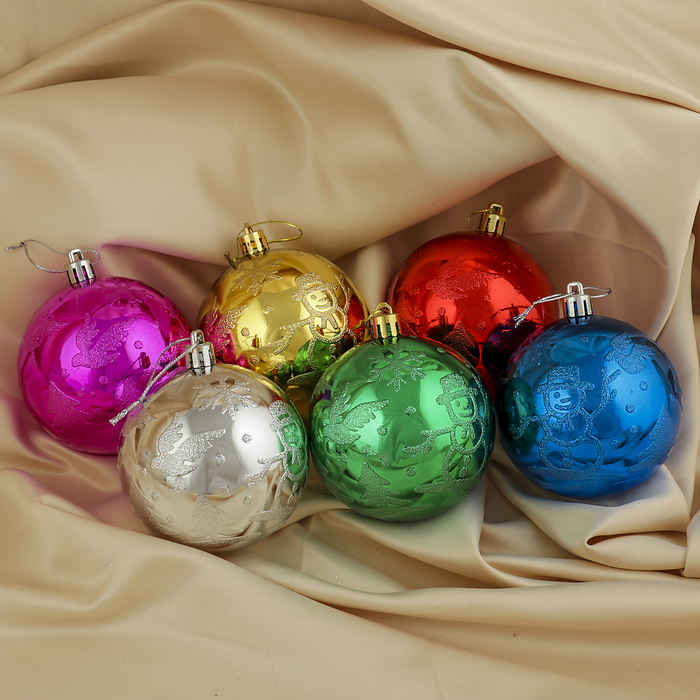 Набор шаров пластик 6 шт d-8 см "Морозная зима" снеговик, микс