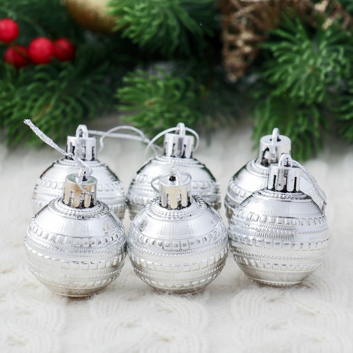 Набор шаров пластик 6 шт d-4 см "Бусинка" серебро