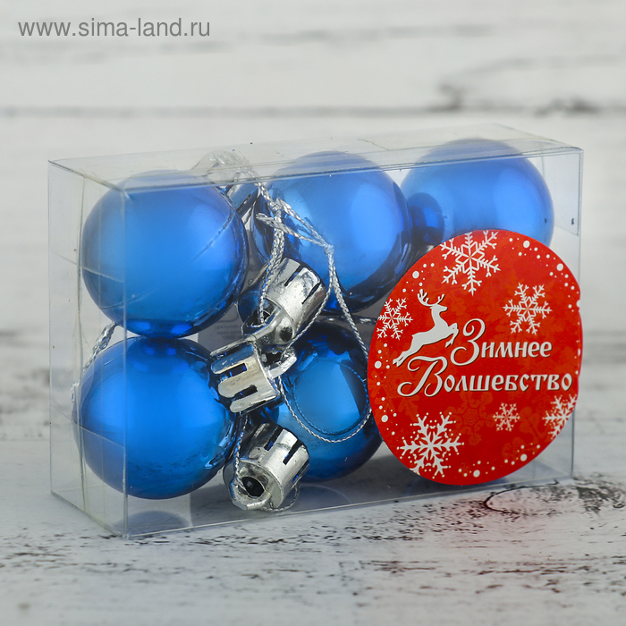 фото Набор шаров пластик d-3 см, 6 шт "глянец" синий зимнее волшебство