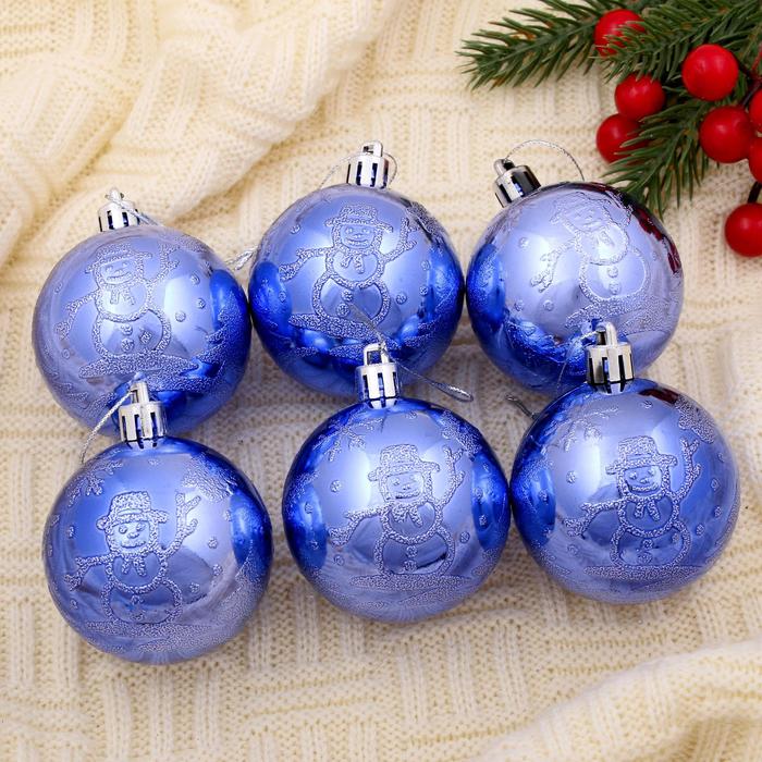 Набор шаров пластик 6 шт d-6 см"Синий иней" снеговик