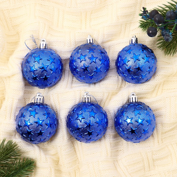 Набор шаров пластик 6 шт d-6 см"Синий иней" звезды