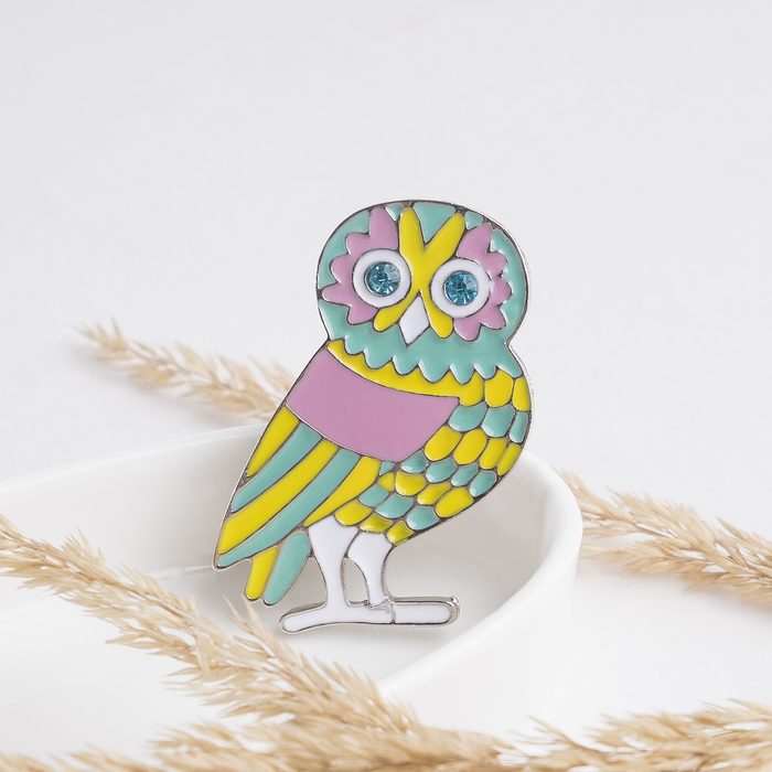 Брошь "Сова" орнамент, цветная в серебре