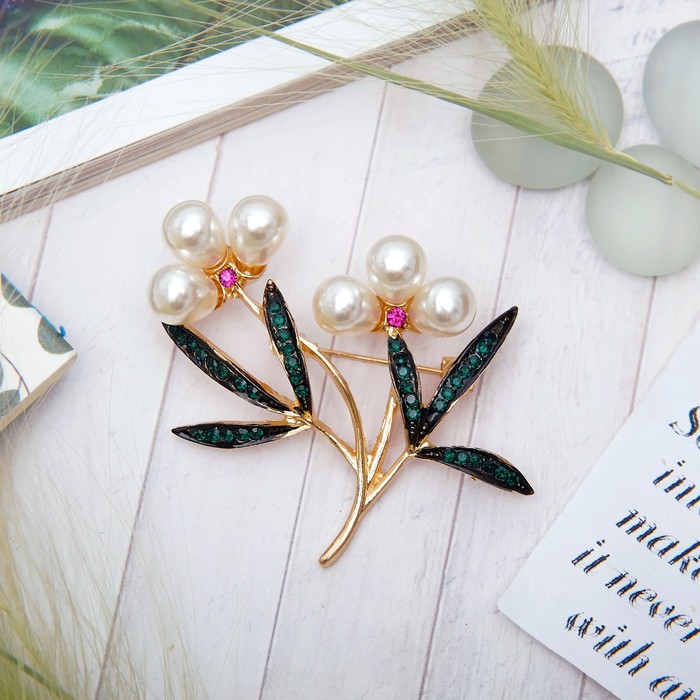 Брошь "Ландыши" бусины, цвет бело-зеленый в золоте