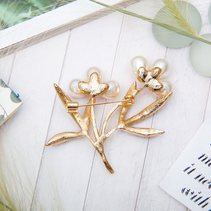 Брошь "Ландыши" бусины, цвет бело-зеленый в золоте