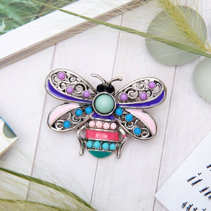 Брошь "Муха этническая", цветная в черненом серебре