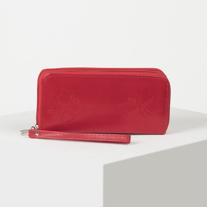 Кошелёк женский, 4 отдела на 2 молниях, для карт, для монет, с ручкой, цвет красный