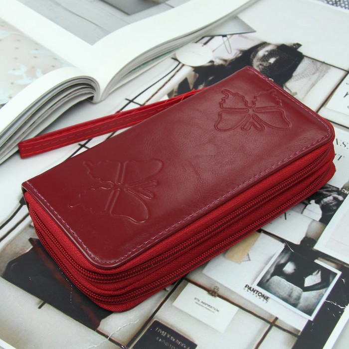 Кошелёк женский, 4 отдела на 2 молниях, для карт, для монет, с ручкой, цвет бордовый