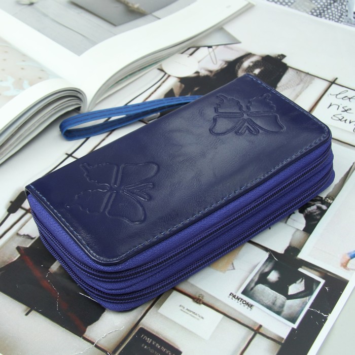 Кошелёк женский, 4 отдела на 2 молниях, для карт, для монет, с ручкой, цвет синий