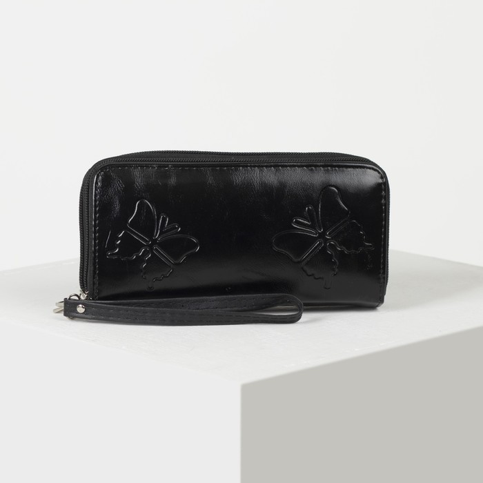 Кошелёк женский, 4 отдела на 2 молниях, для карт, для монет, с ручкой, цвет чёрный