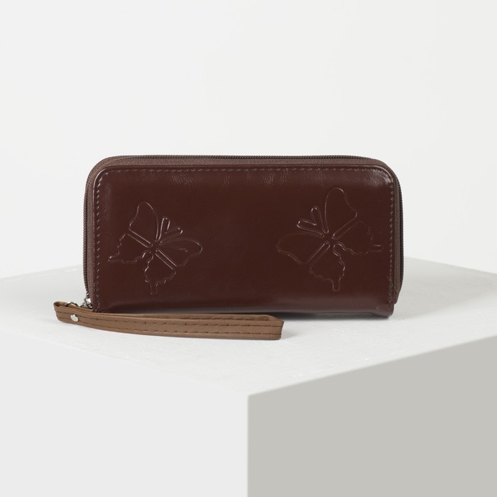 Кошелёк женский, 4 отдела на 2 молниях, для карт, для монет, с ручкой, цвет кофе