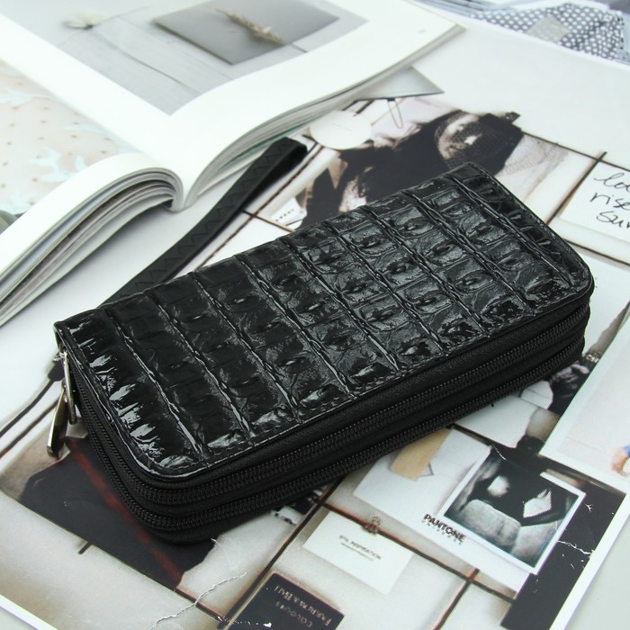 Кошелёк женский, 4 отдела на 2 молниях, для карт, для монет, с ручкой, цвет чёрный