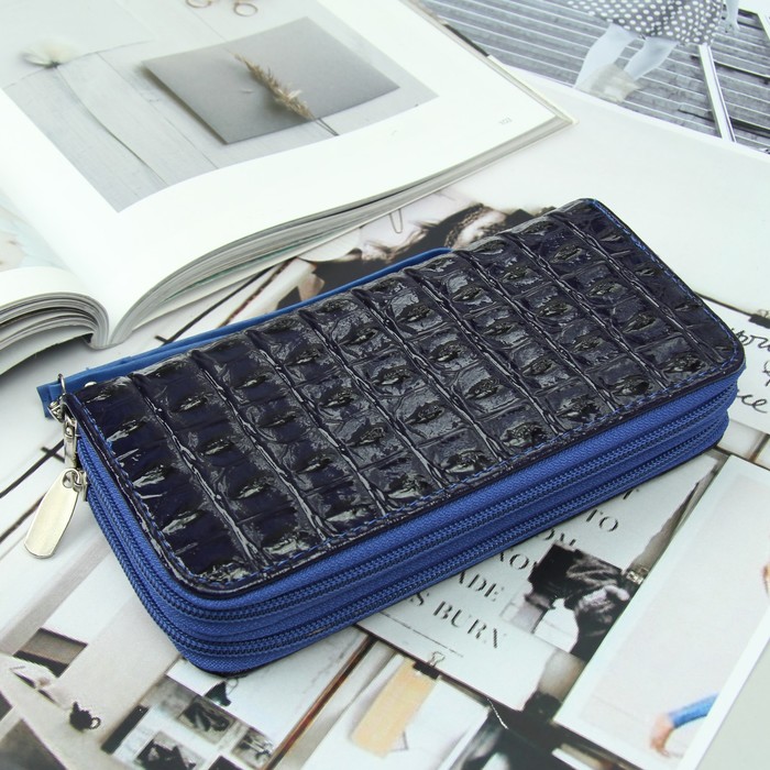 Кошелёк женский, 4 отдела на 2 молниях, для карт, для монет, с ручкой, цвет синий