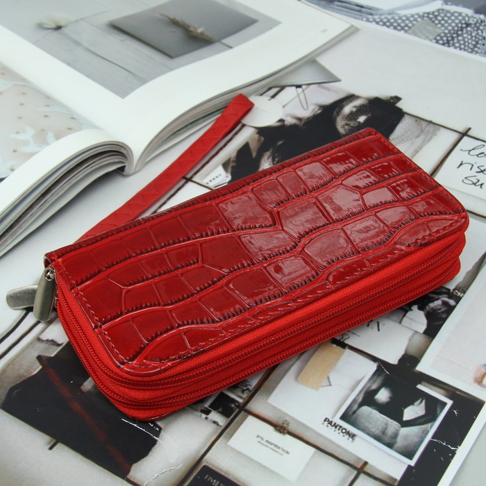 Кошелёк женский, 4 отдела на 2 молниях, для карт, для монет, с ручкой, цвет красный