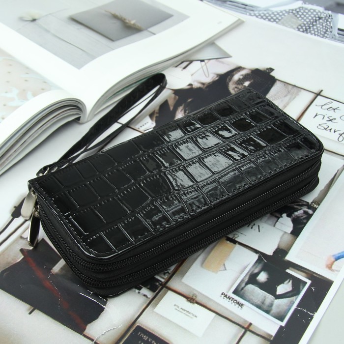 Кошелёк женский, 4 отдела на 2 молниях, для карт, для монет, с ручкой, цвет чёрный