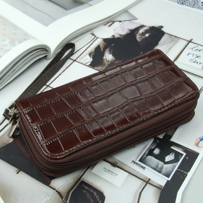 Кошелёк женский, 4 отдела на 2 молниях, для карт, для монет, с ручкой, цвет кофе