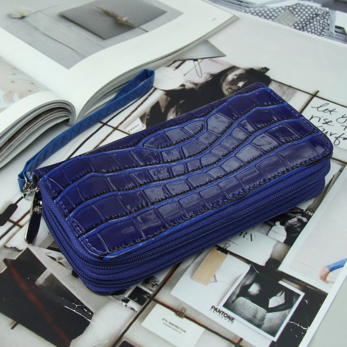 Кошелёк женский, 4 отдела на 2 молниях, для карт, для монет, с ручкой, цвет синий