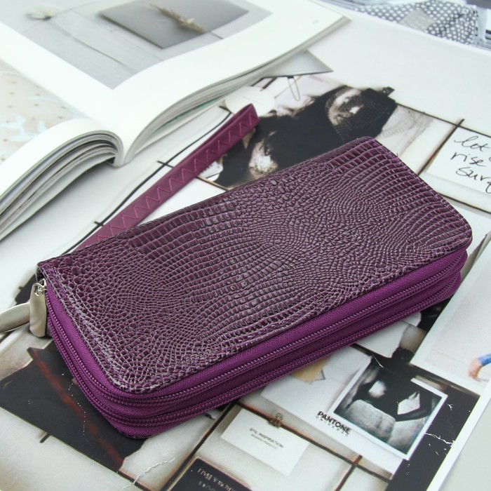 Кошелёк женский, 4 отдела на 2 молниях, для карт, для монет, с ручкой, цвет фиолетовый