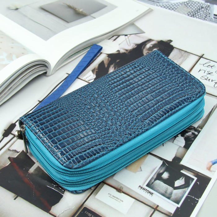 Кошелёк женский, 4 отдела на 2 молниях, для карт, для монет, с ручкой, цвет синий