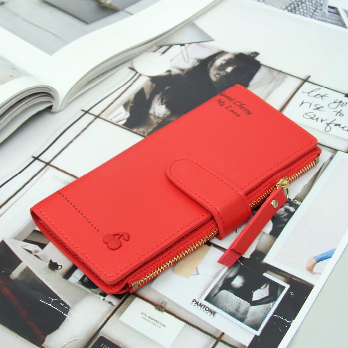 Кошелёк женский, 2 отдела, для карт, для монет на кнопке, цвет красный