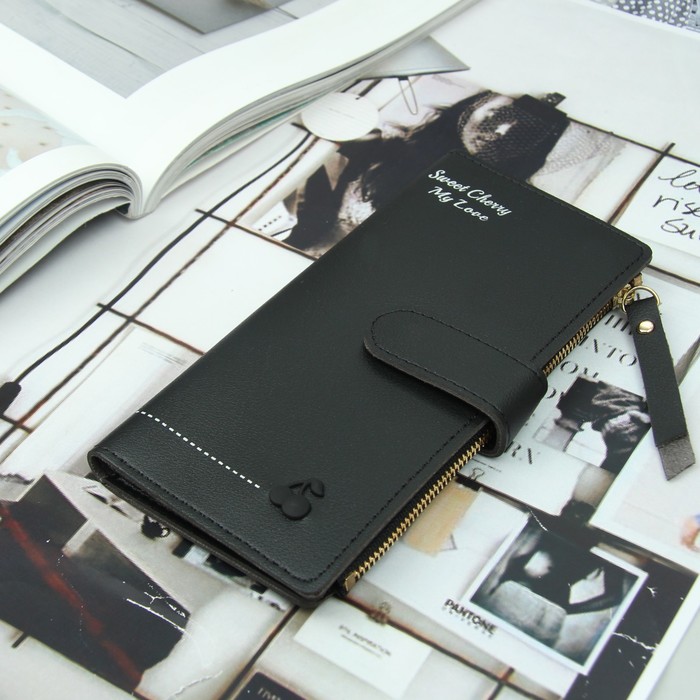 Кошелёк женский, 2 отдела, для карт, для монет на кнопке, цвет чёрный