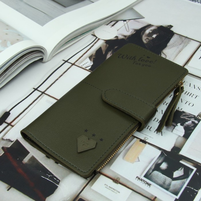 Кошелёк женский, 2 отдела, для карт, для монет на кнопке, цвет зелёный