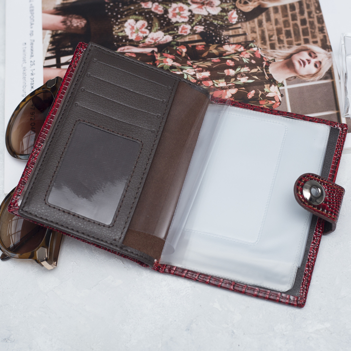 Портмоне 3 в 1 (автодокументы+паспорт), 2 отдела, для карт, для монет, цвет красный