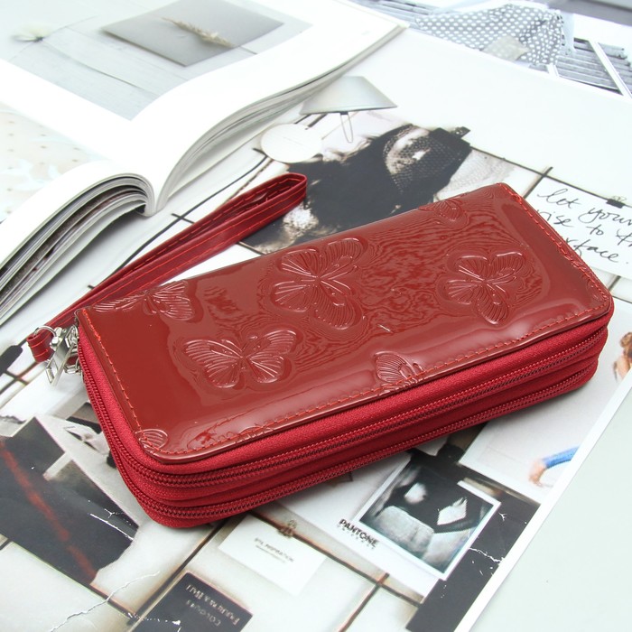 Кошелёк женский, 4 отдела на 2 молниях, для карт, для монет, с ручкой, цвет бордовый