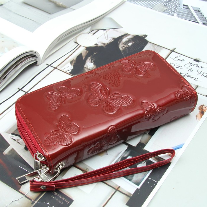 Кошелёк женский, 4 отдела на 2 молниях, для карт, для монет, с ручкой, цвет бордовый