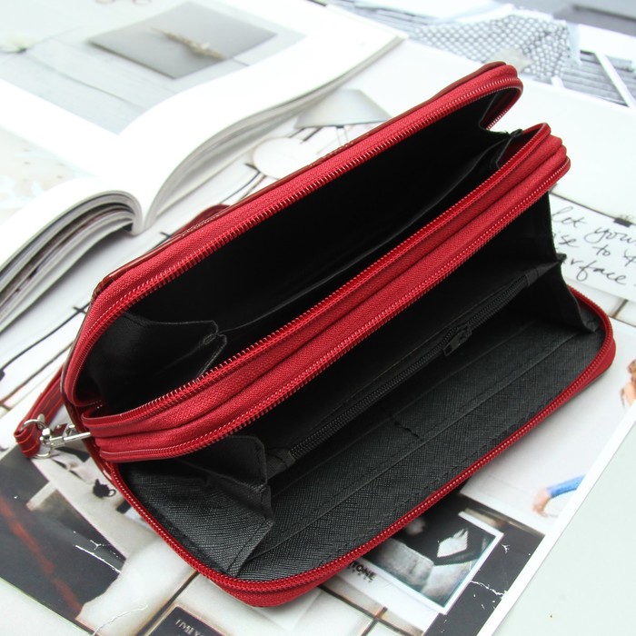 Кошелёк женский, 4 отдела на 2 молниях, для карт, для монет, с ручкой, цвет бордовый