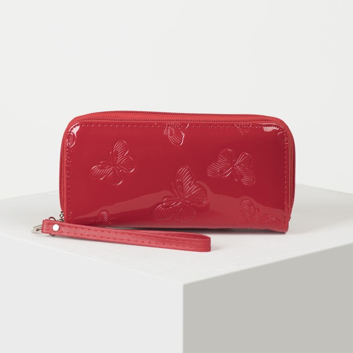 Кошелёк женский, 4 отдела на 2 молниях, для карт, для монет, с ручкой, цвет красный