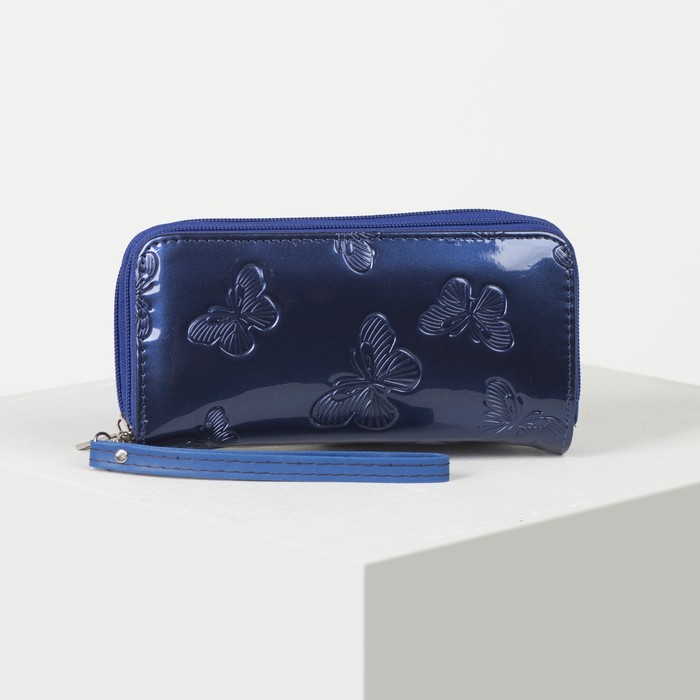 Кошелёк женский, 4 отдела на 2 молниях, для карт, для монет, с ручкой, цвет синий