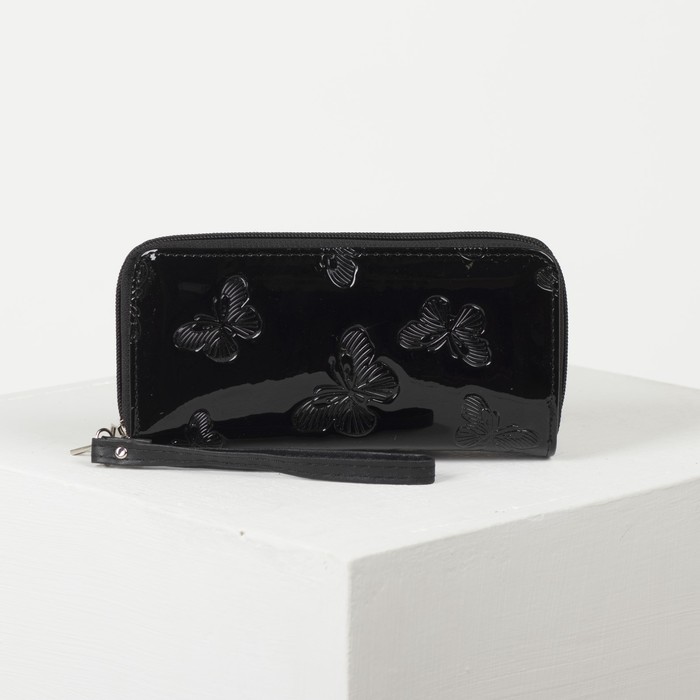 Кошелёк женский, 4 отдела на 2 молниях, для карт, для монет, с ручкой, цвет чёрный