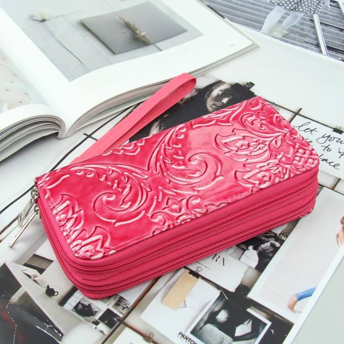 Кошелёк женский, 4 отдела на 2 молниях, для карт, для монет, с ручкой, цвет розовый