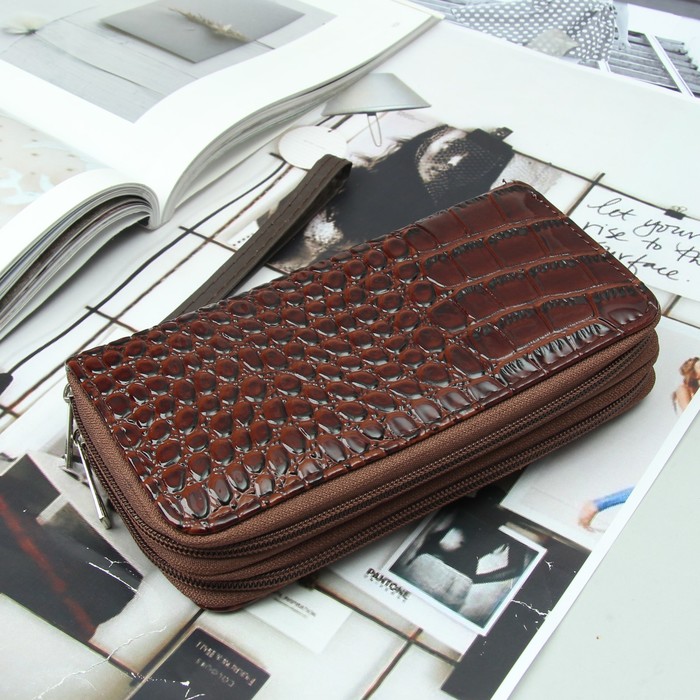 Кошелёк женский, 4 отдела на 2 молниях, для карт, для монет, с ручкой, цвет коричневый