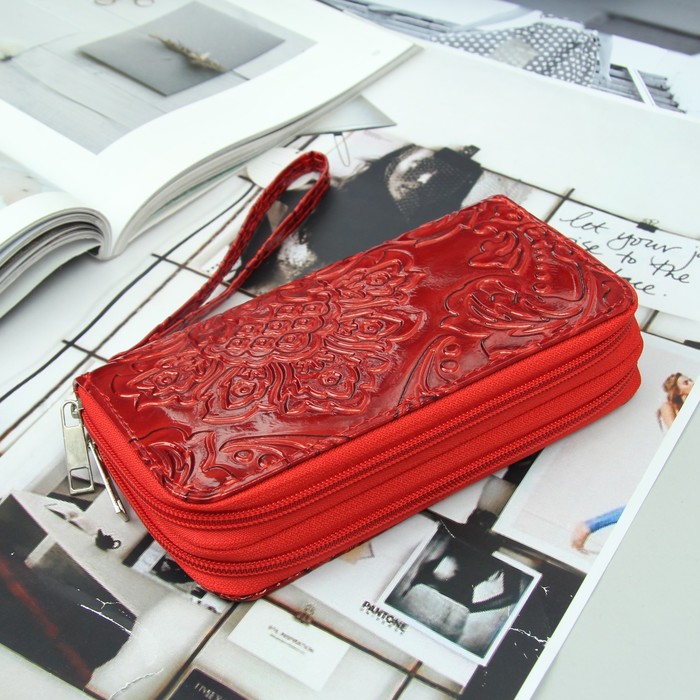 Кошелёк женский, 4 отдела на 2 молниях, для карт, для монет, с ручкой, цвет красный